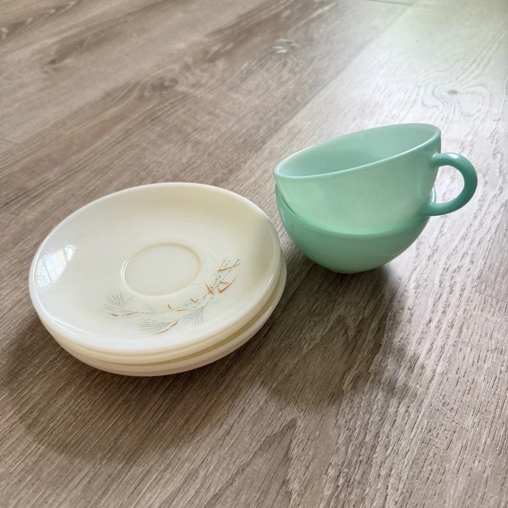 Vintage Pyrex Family‎ Flair Aqua Cups and Pine Needle Saucers Set of 6